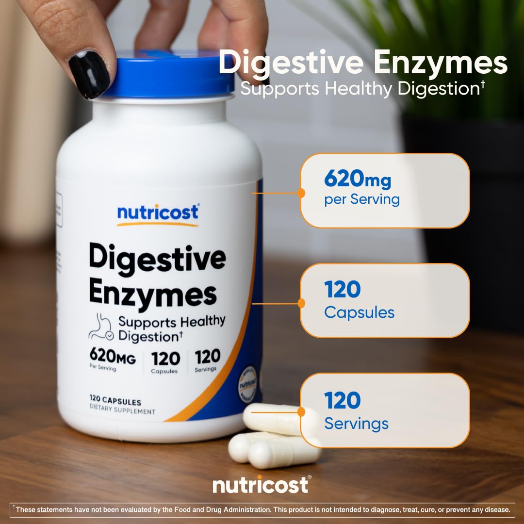 Nutricost Digestive Enzymes bottle in hand for easy use.