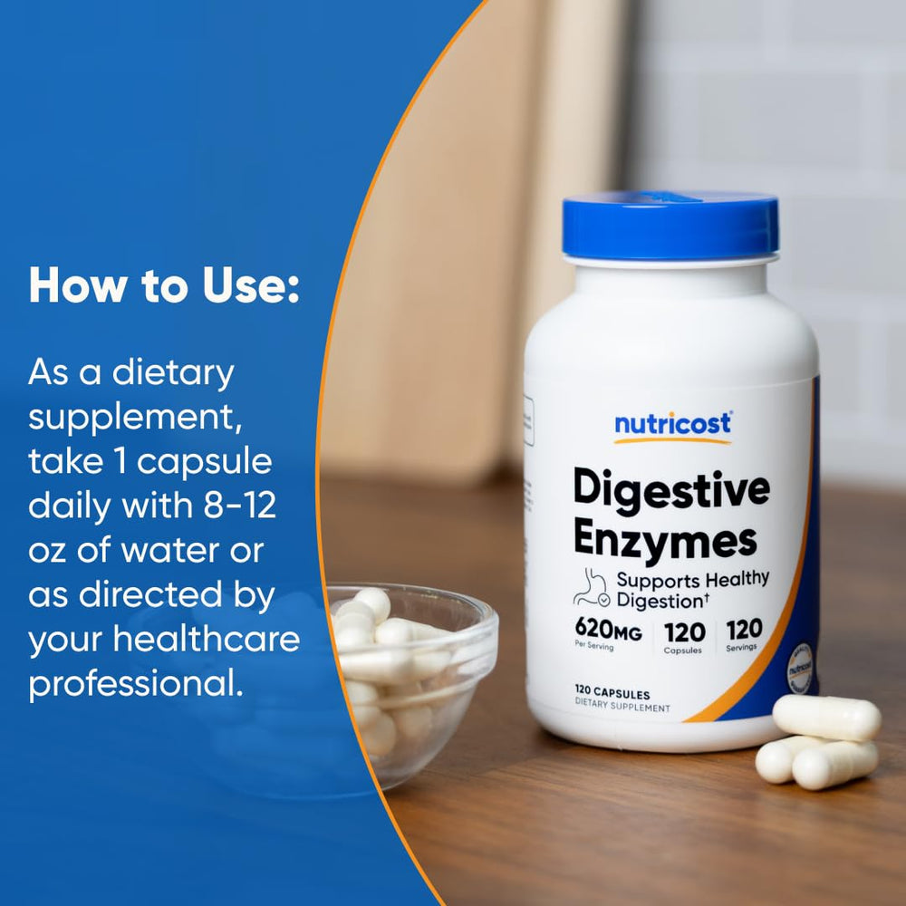 Nutricost Digestive Enzymes bottle on kitchen counter ready for meals.