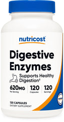 Nutricost Digestive Enzymes bottle close-up for full-spectrum enzyme support.