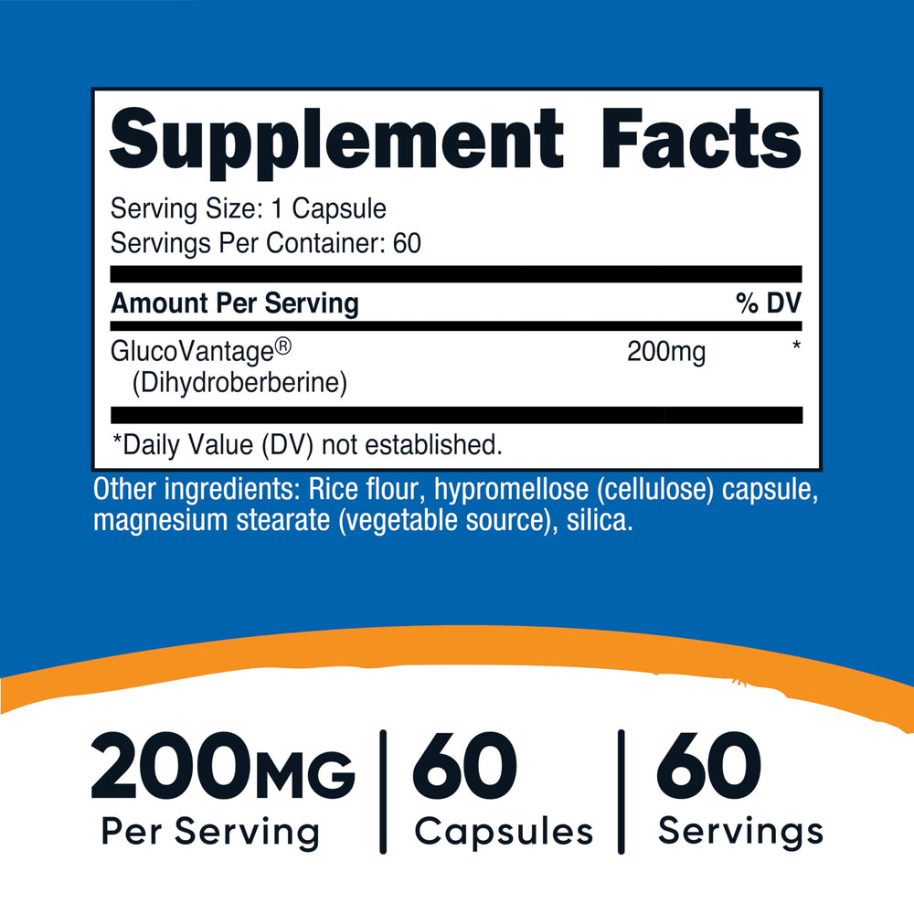 Nutricost Dihydroberberine capsules label highlights quality and ingredients.