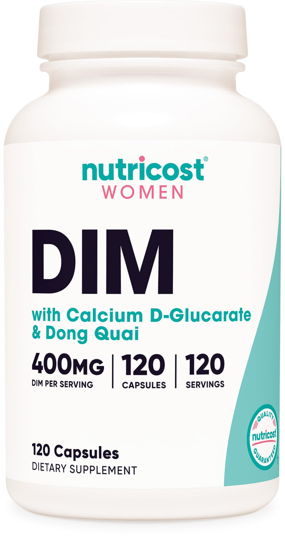 Nutricost DIM 400mg bottle close-up shows convenient vegan capsules for daily wellness.