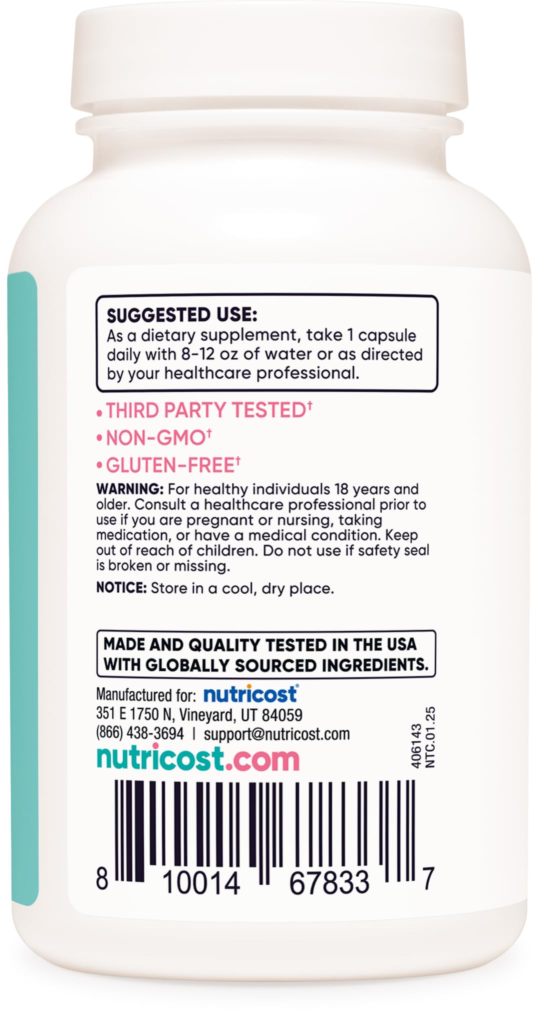 Nutricost DIM gluten-free label signals suitability for gluten-free lifestyles.