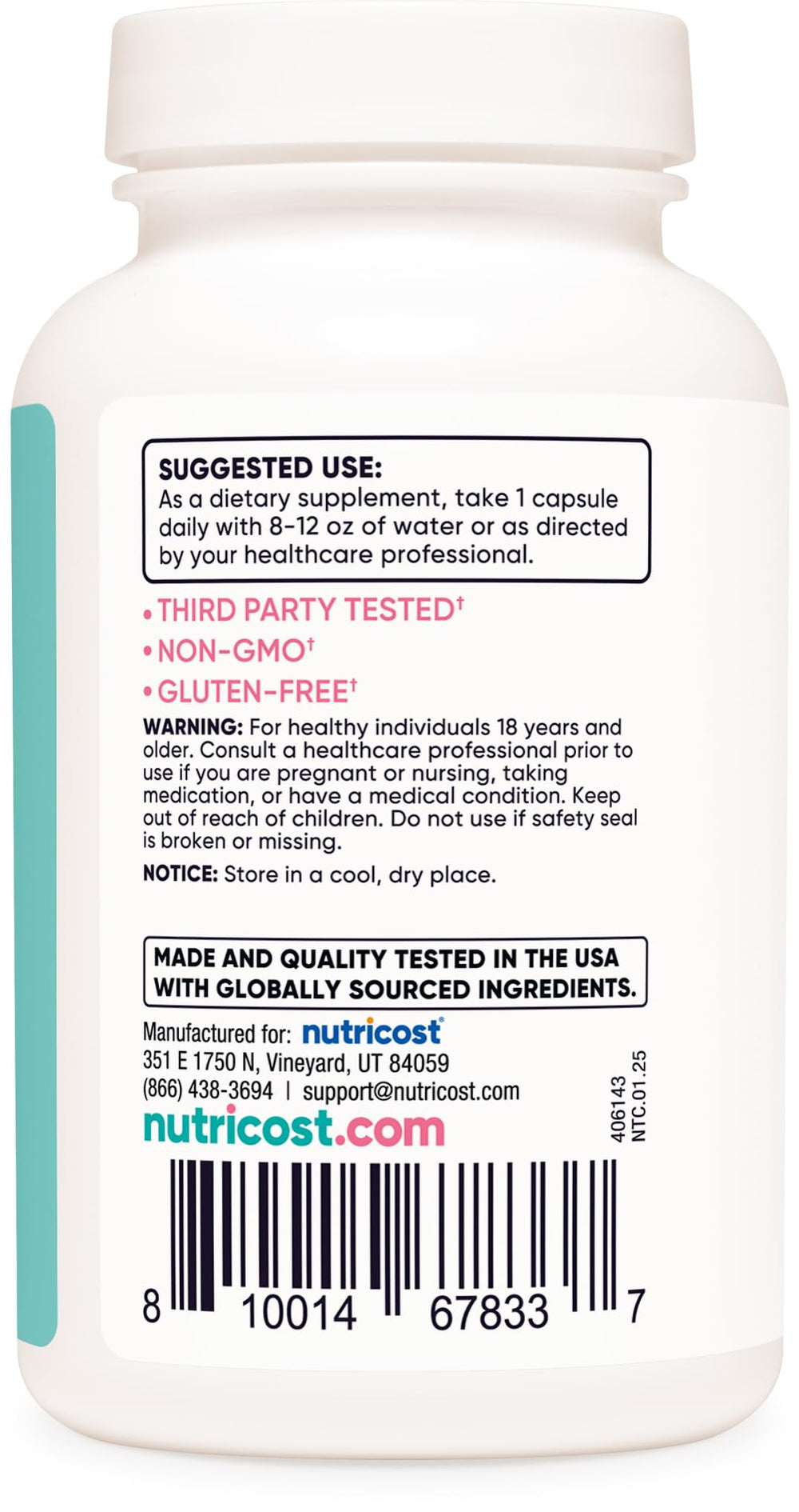 Nutricost DIM gluten-free label signals suitability for gluten-free lifestyles.