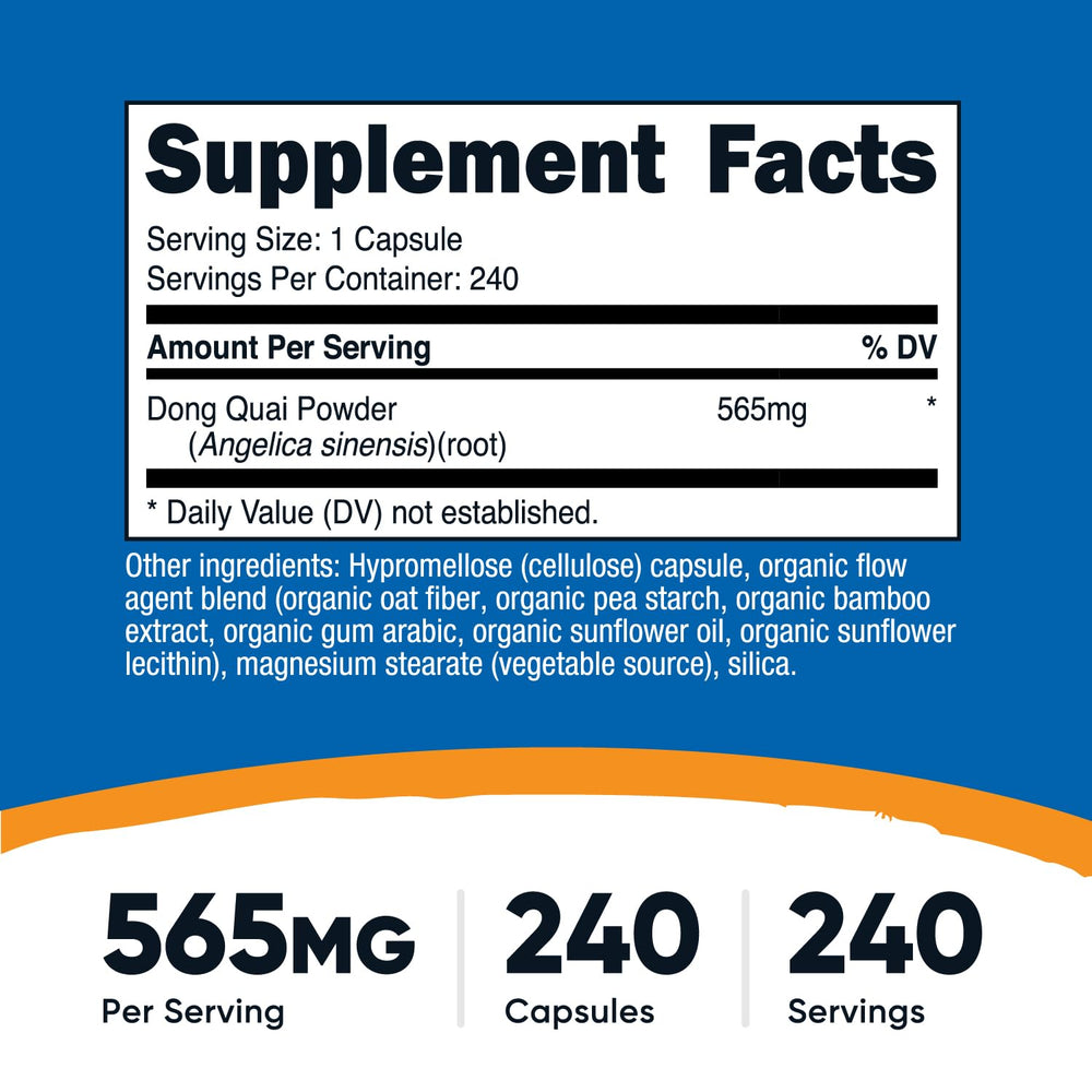 Nutricost Dong Quai capsules closeup showing vegetarian capsules
