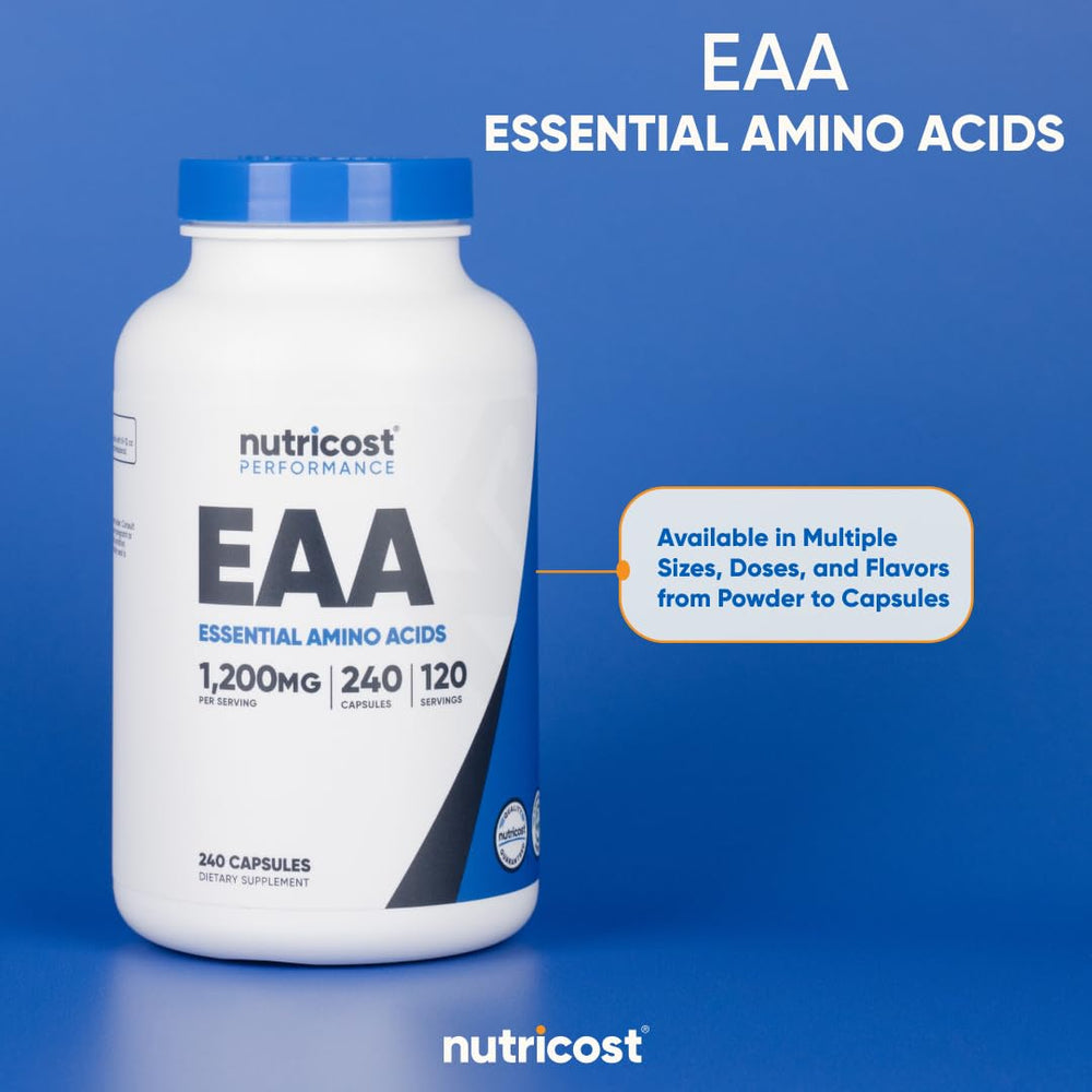 Vegan, non-GMO, gluten-free icons accompany Nutricost EAA capsules