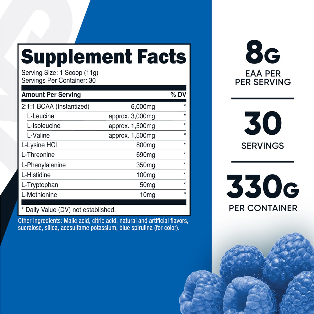Nutricost EAA Powder blue raspberry label close-up with testing notes.