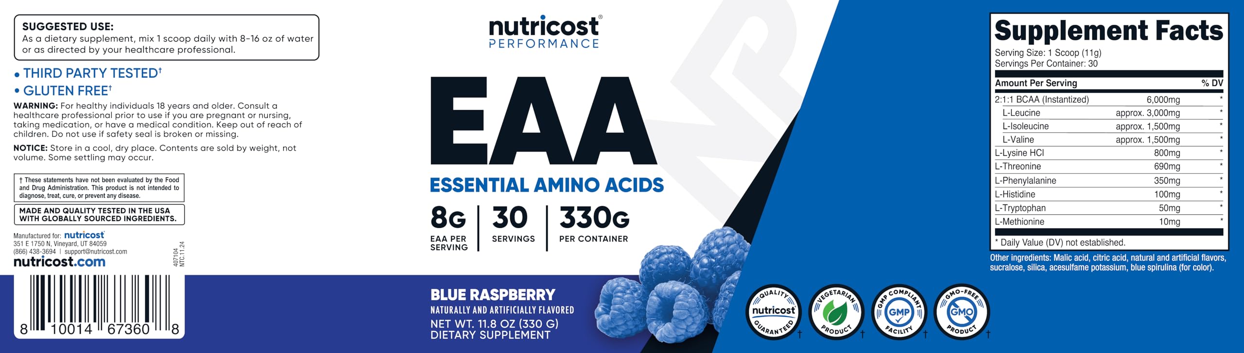 Nutrition facts panel of Nutricost EAA Powder Blue Raspberry shown.