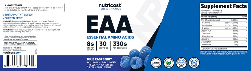 Nutrition facts panel of Nutricost EAA Powder Blue Raspberry shown.