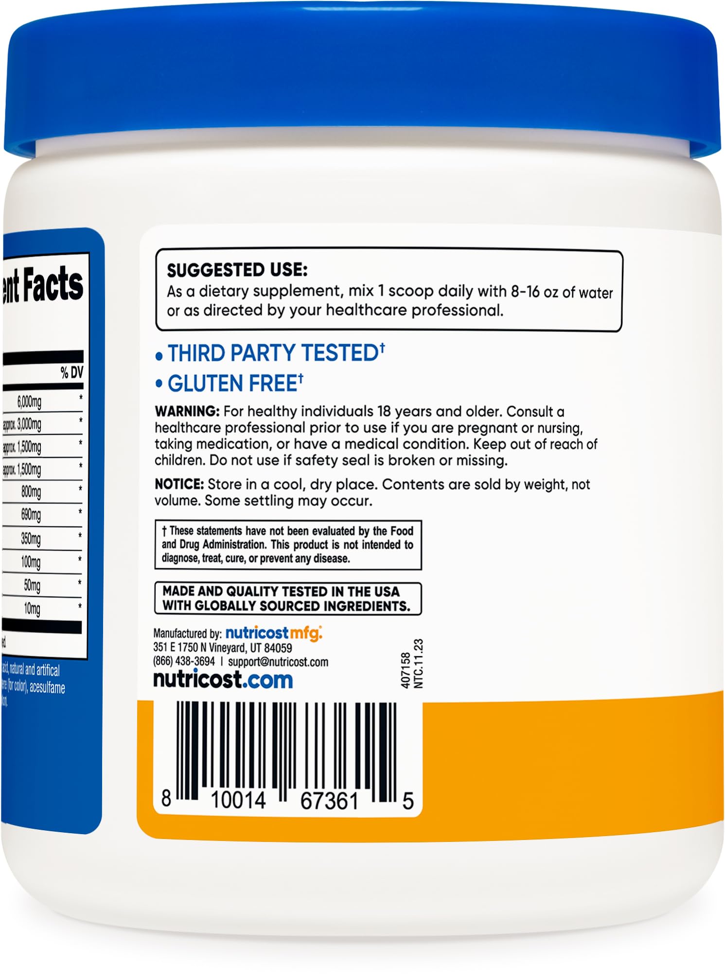 Nutricost EAA Powder bottle and glass, gluten-free and non-GMO fueling option.