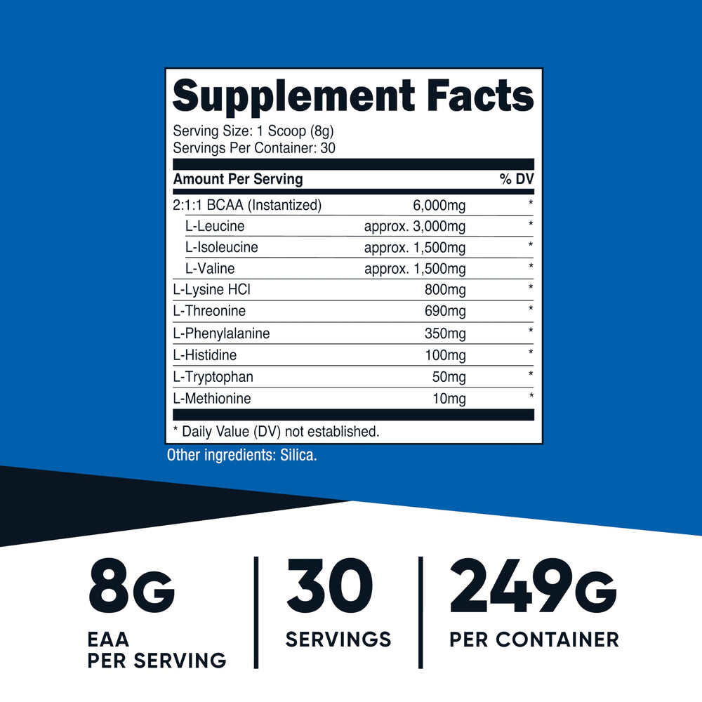 Nutricost EAA Powder shows 8g EAAs per serving for daily use