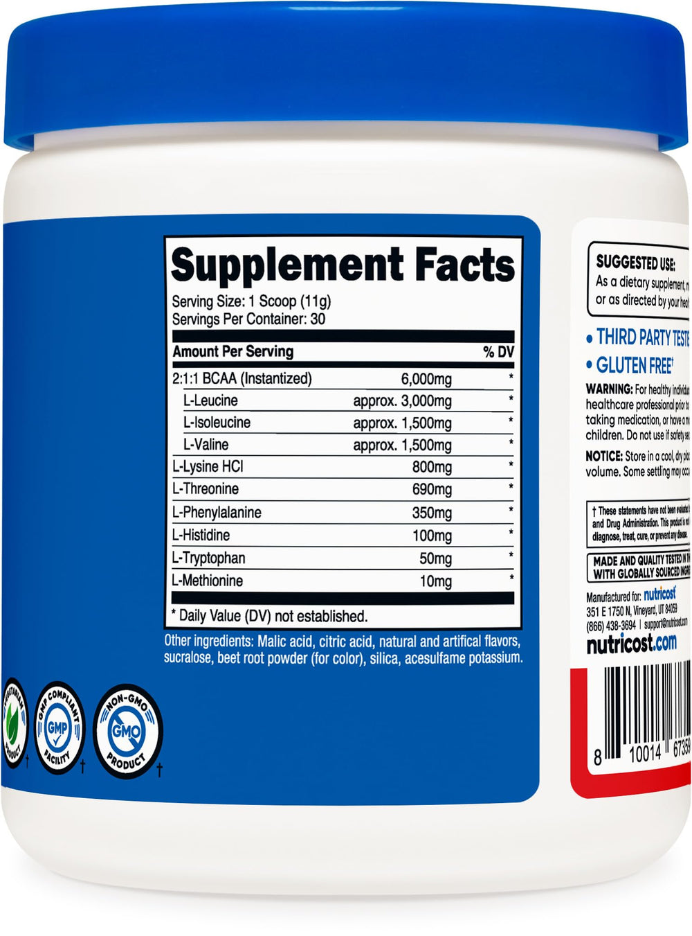 Nutricost EAA Powder Fruit Punch label confirms GMP and FDA registration quality
