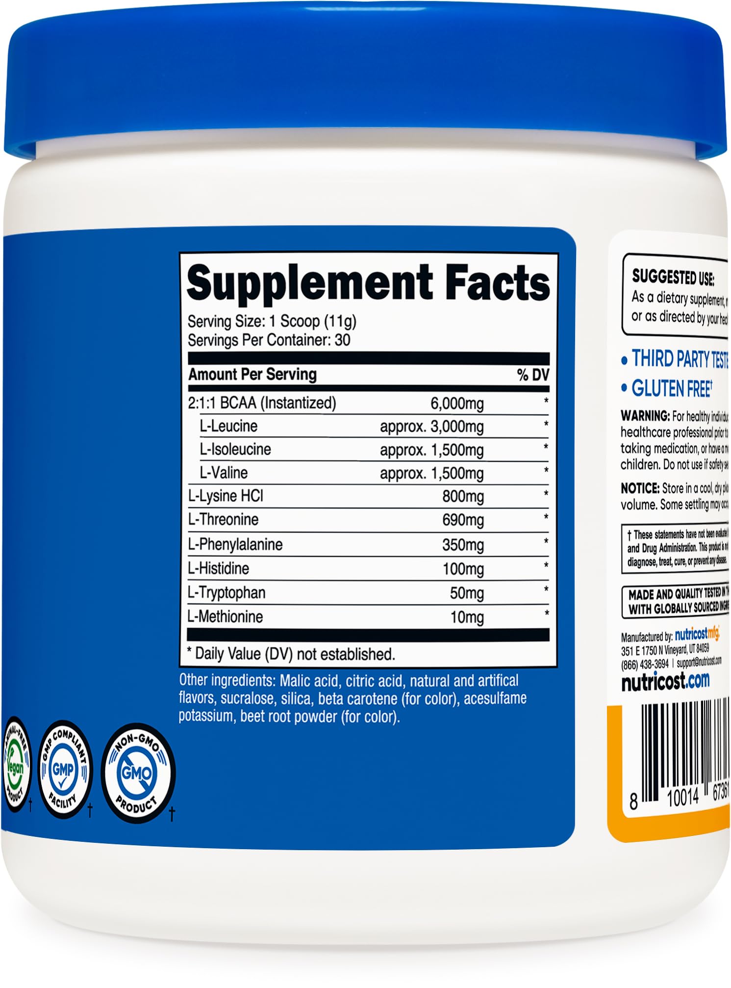 Nutricost EAA Powder label close-up, 30 servings and BCAAs highlighted for fitness goals.