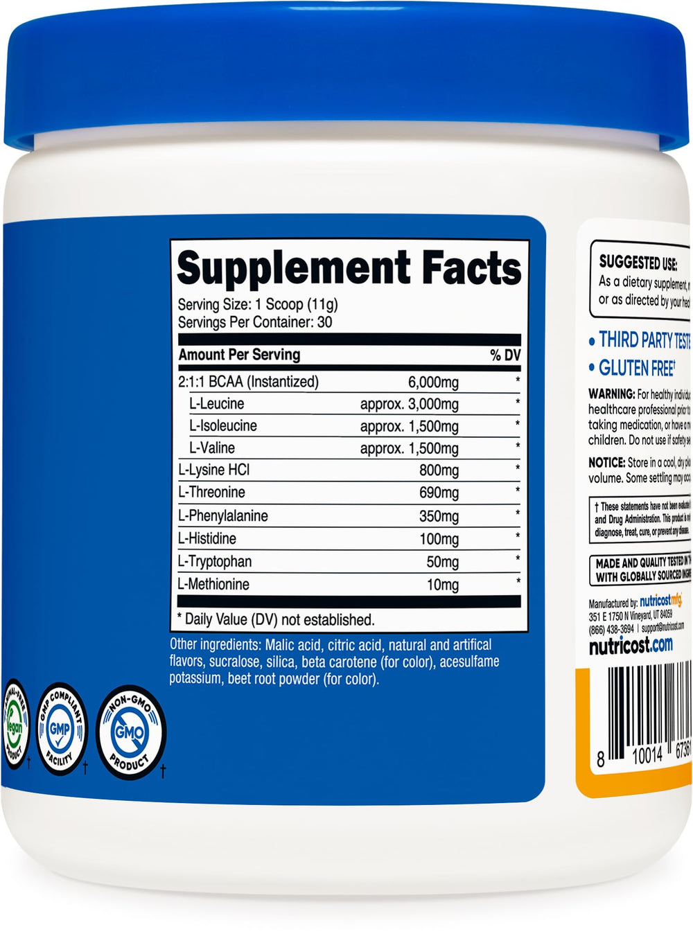 Nutricost EAA Powder label close-up, 30 servings and BCAAs highlighted for fitness goals.