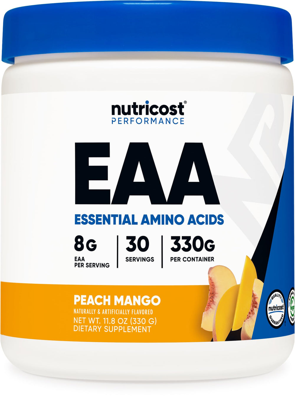 Nutricost EAA Powder Peach Mango tub with label, supporting daily protein intake with essential amino acids.