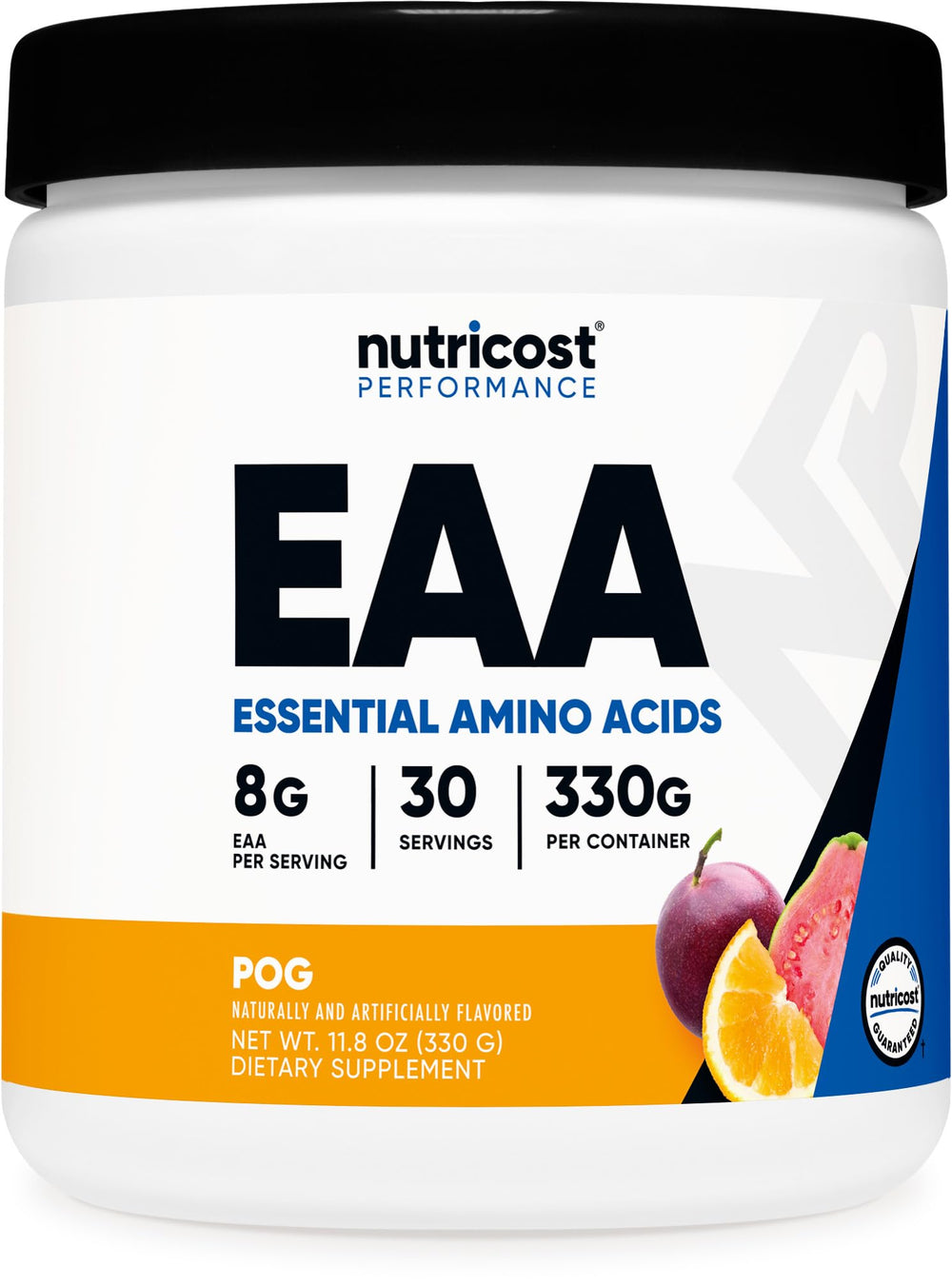 Nutricost EAA Powder Pog flavor packaging, convenient 30-serving container for on-the-go mixing.