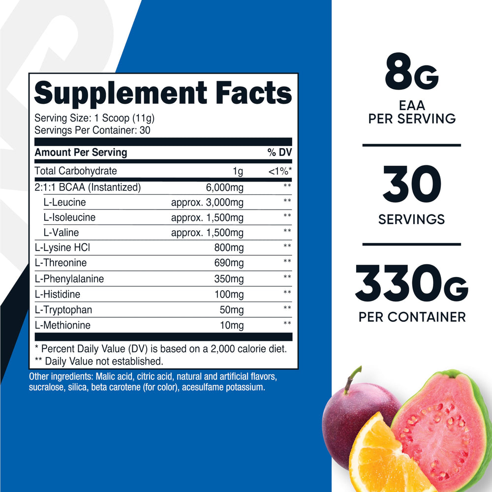 Nutricost EAA Powder Pog label on glass jar, clear ingredients for informed choices.