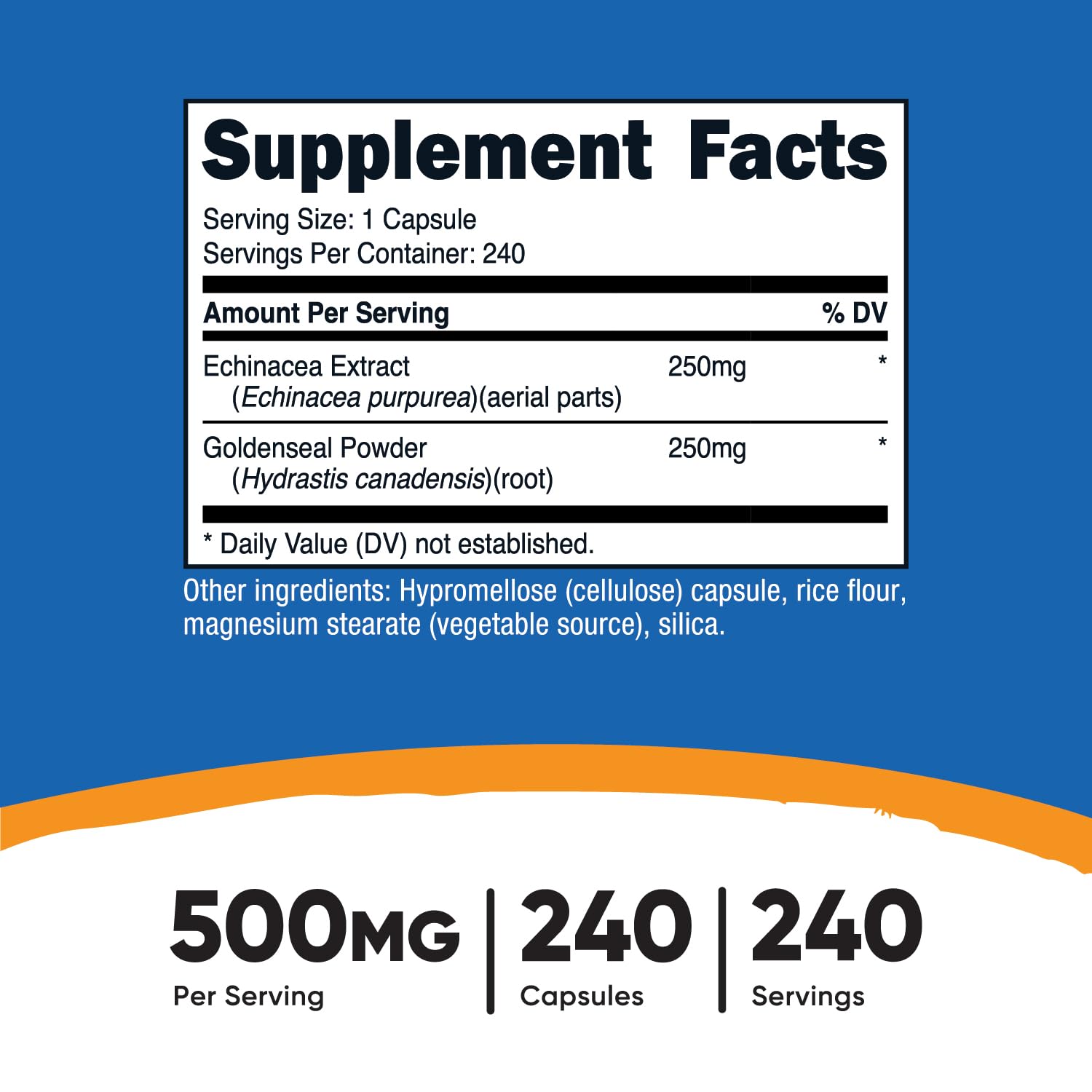 Nutricost Echinacea & Goldenseal label shows 240 vegetarian capsules and gluten-free formula