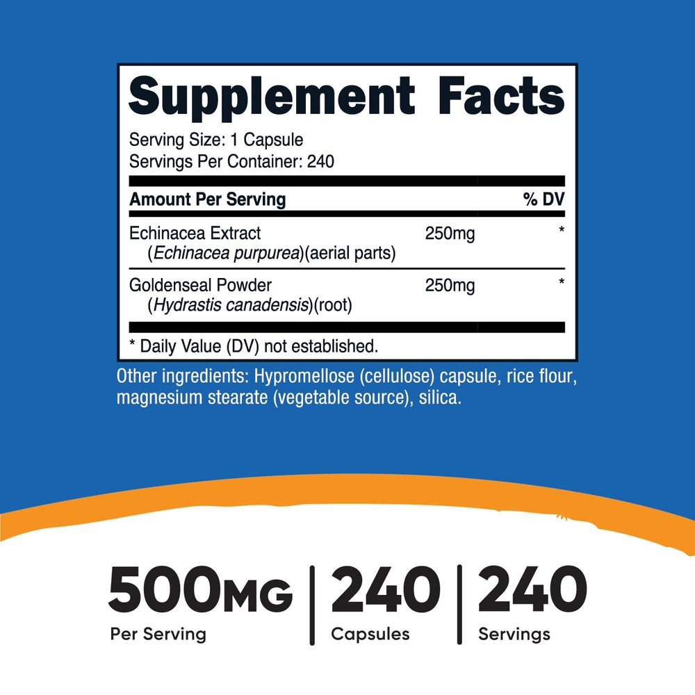 Nutricost Echinacea & Goldenseal label shows 240 vegetarian capsules and gluten-free formula