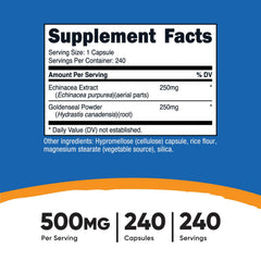 Nutricost Echinacea & Goldenseal label shows 240 vegetarian capsules and gluten-free formula