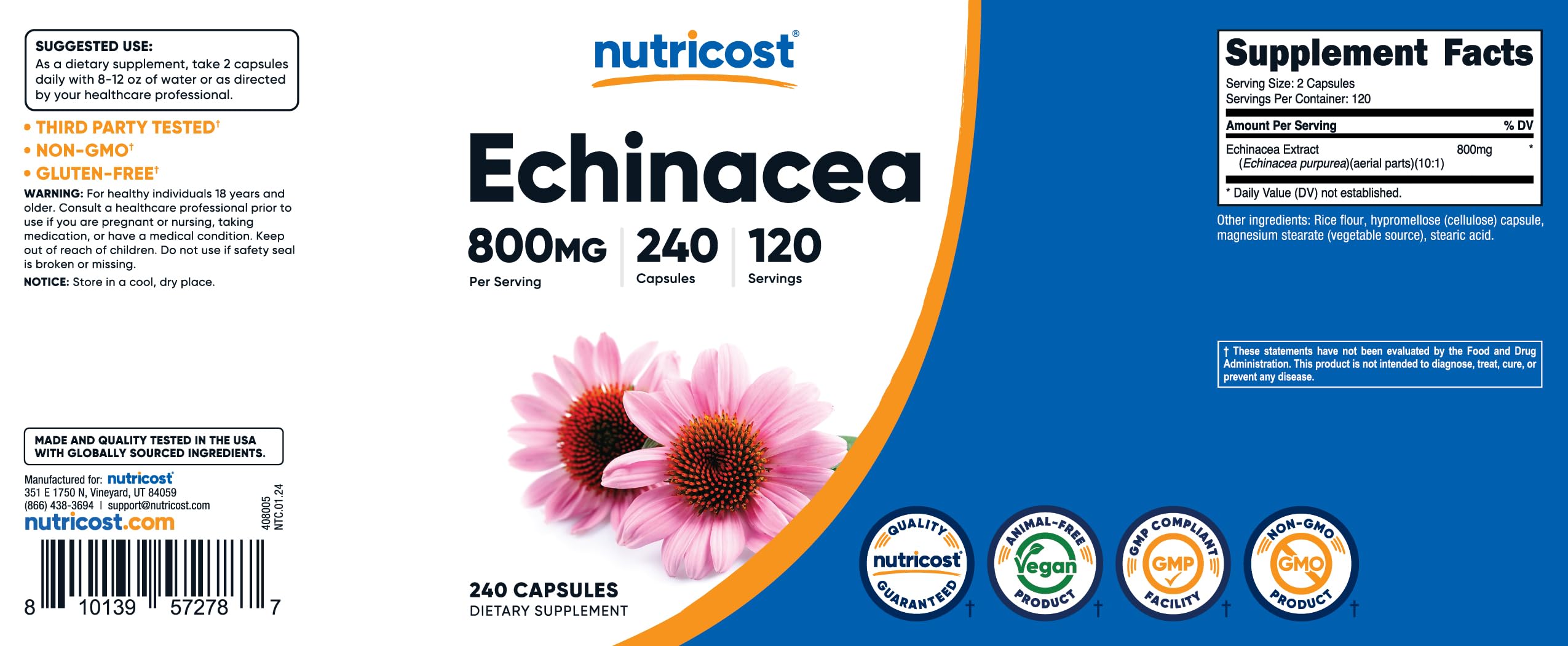 Nutricost Echinacea label close-up emphasizing 800 mg per serving.