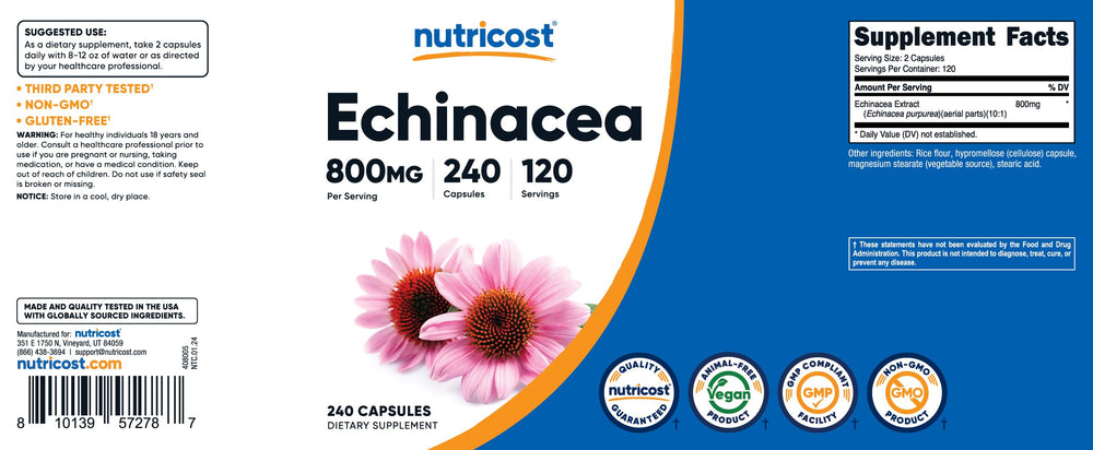 Nutricost Echinacea label close-up emphasizing 800 mg per serving.