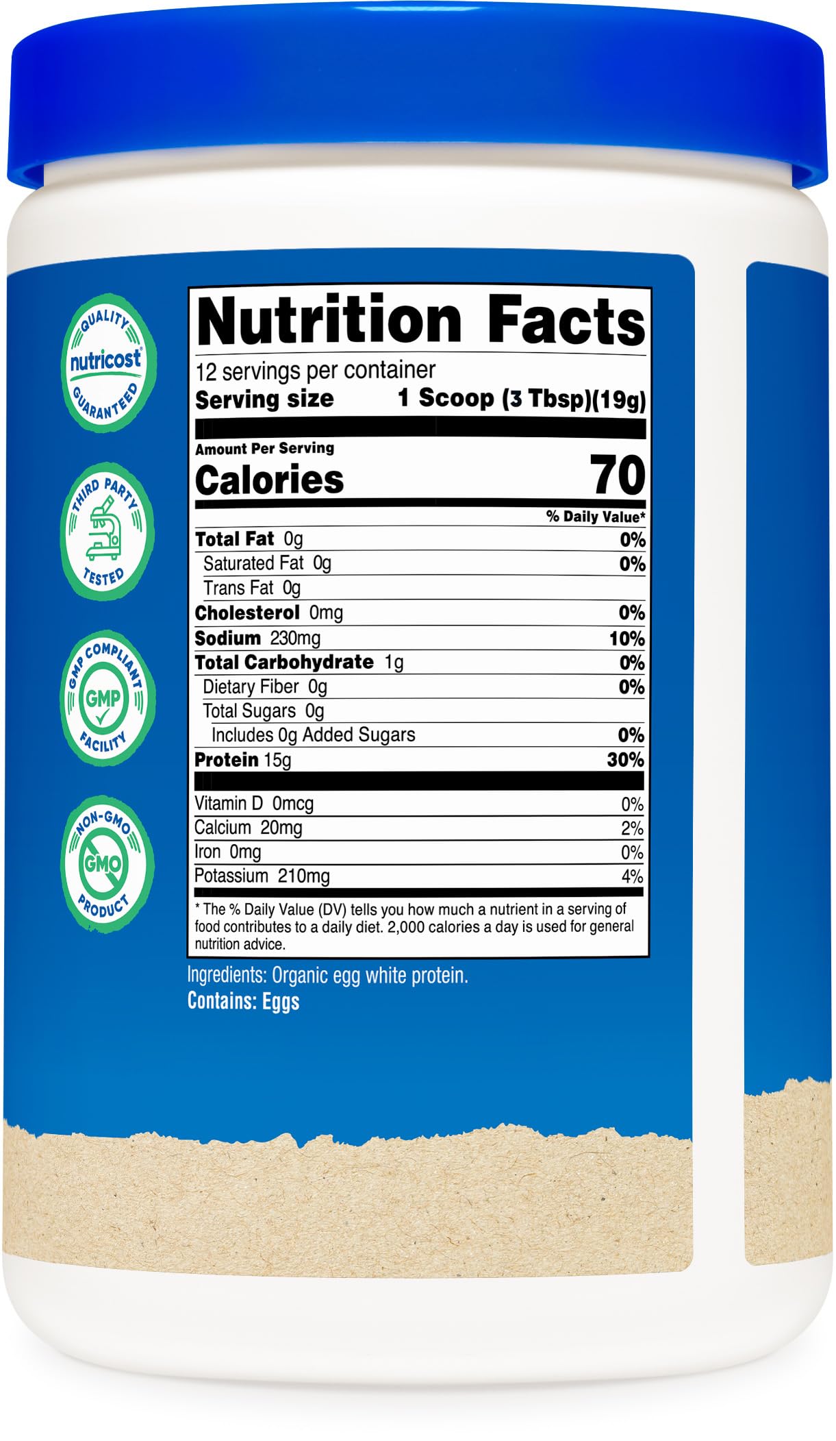 Nutricost Egg White Protein label front indicating NSF GMP FDA facility quality