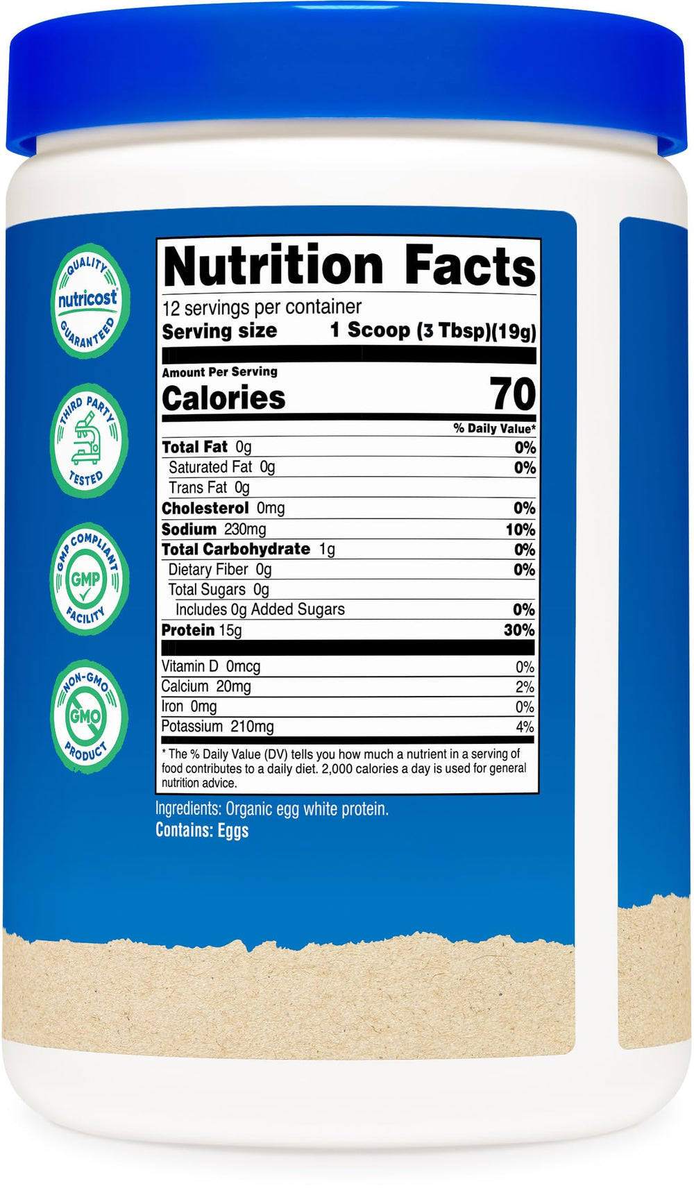 Nutricost Egg White Protein label front indicating NSF GMP FDA facility quality