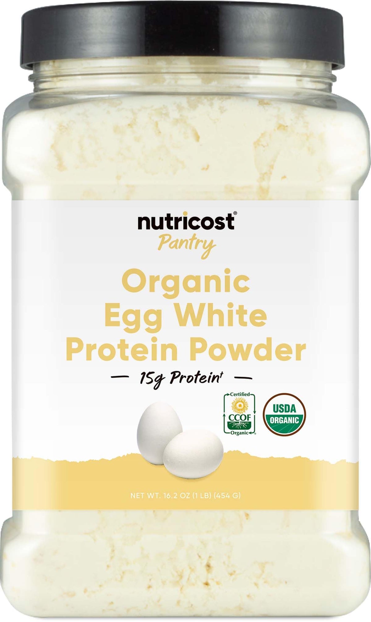 Nutricost egg white protein powder in a 1 lb tub, GMO-free and gluten-free.