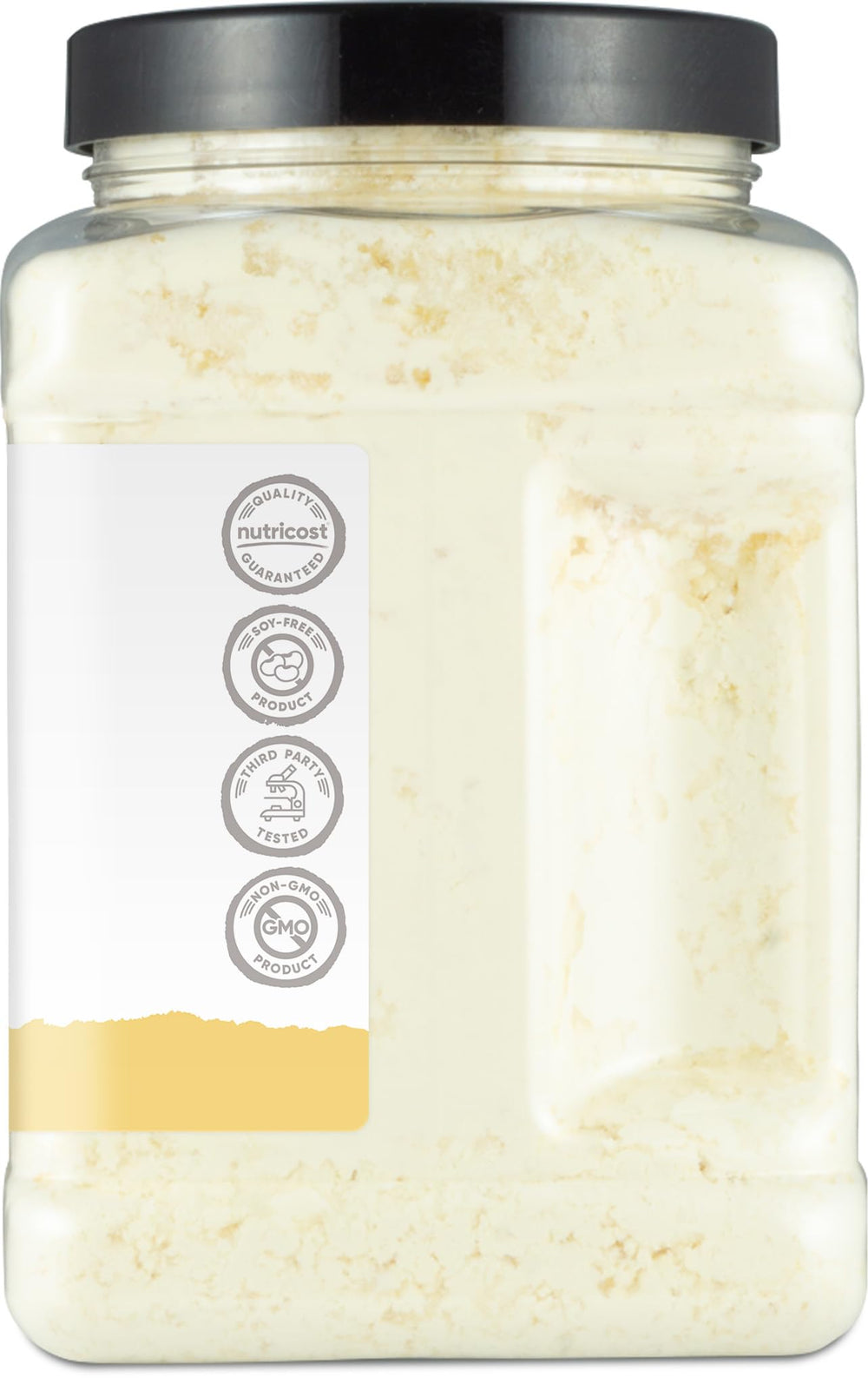 Nutricost egg white protein powder packaging label highlighting GMP and NSF certifications.