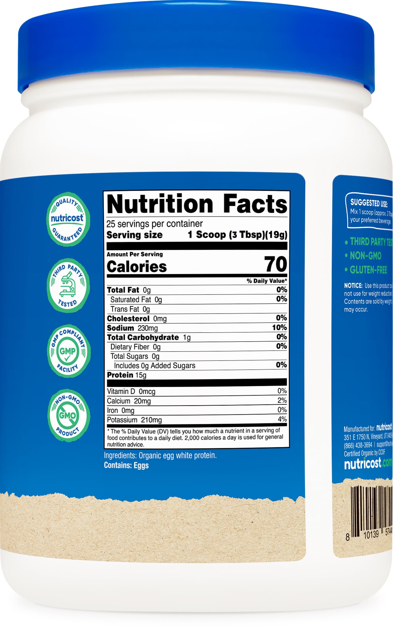 Nutricost Organic Egg White Protein Powder shake in glass highlighting protein content.