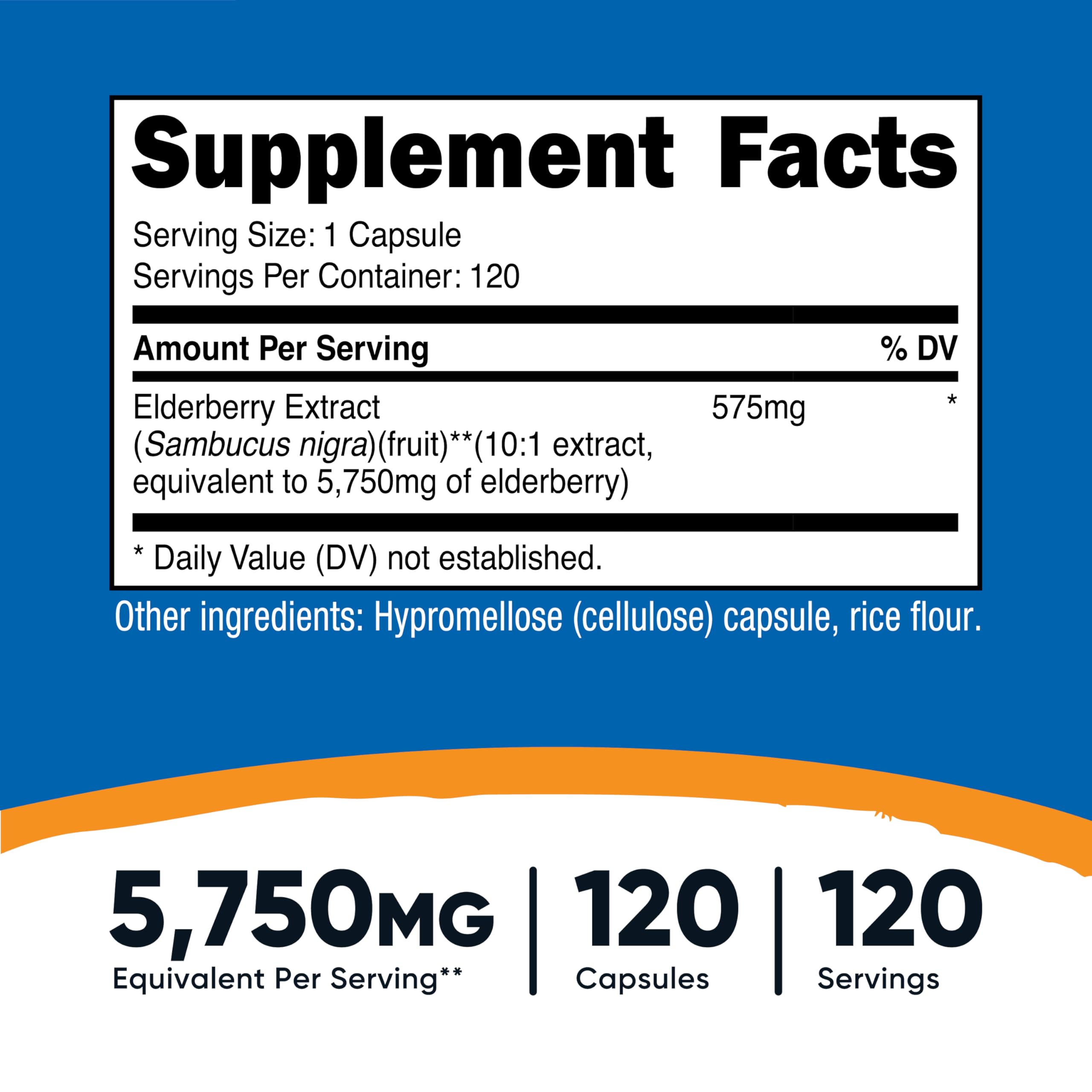 Nutricost Elderberry Capsules ingredient panel emphasizes non-GMO and gluten-free features.