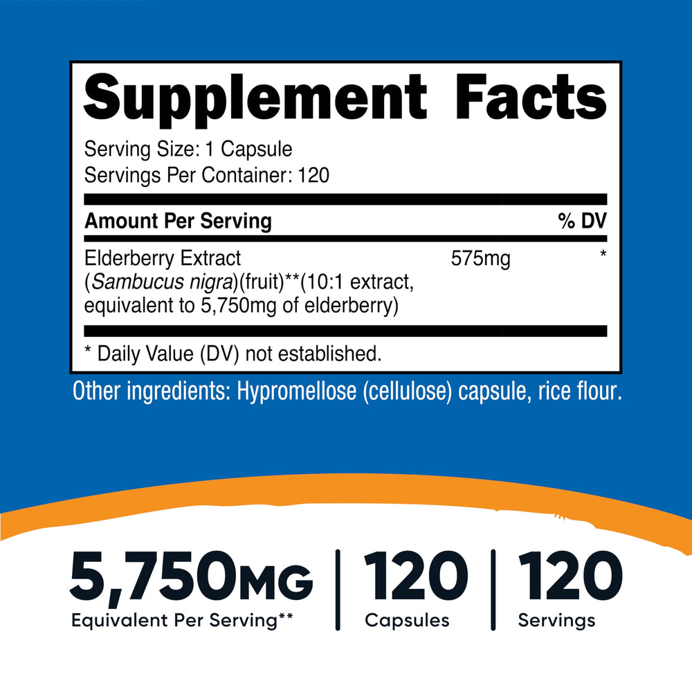 Nutricost Elderberry Capsules ingredient panel emphasizes non-GMO and gluten-free features.