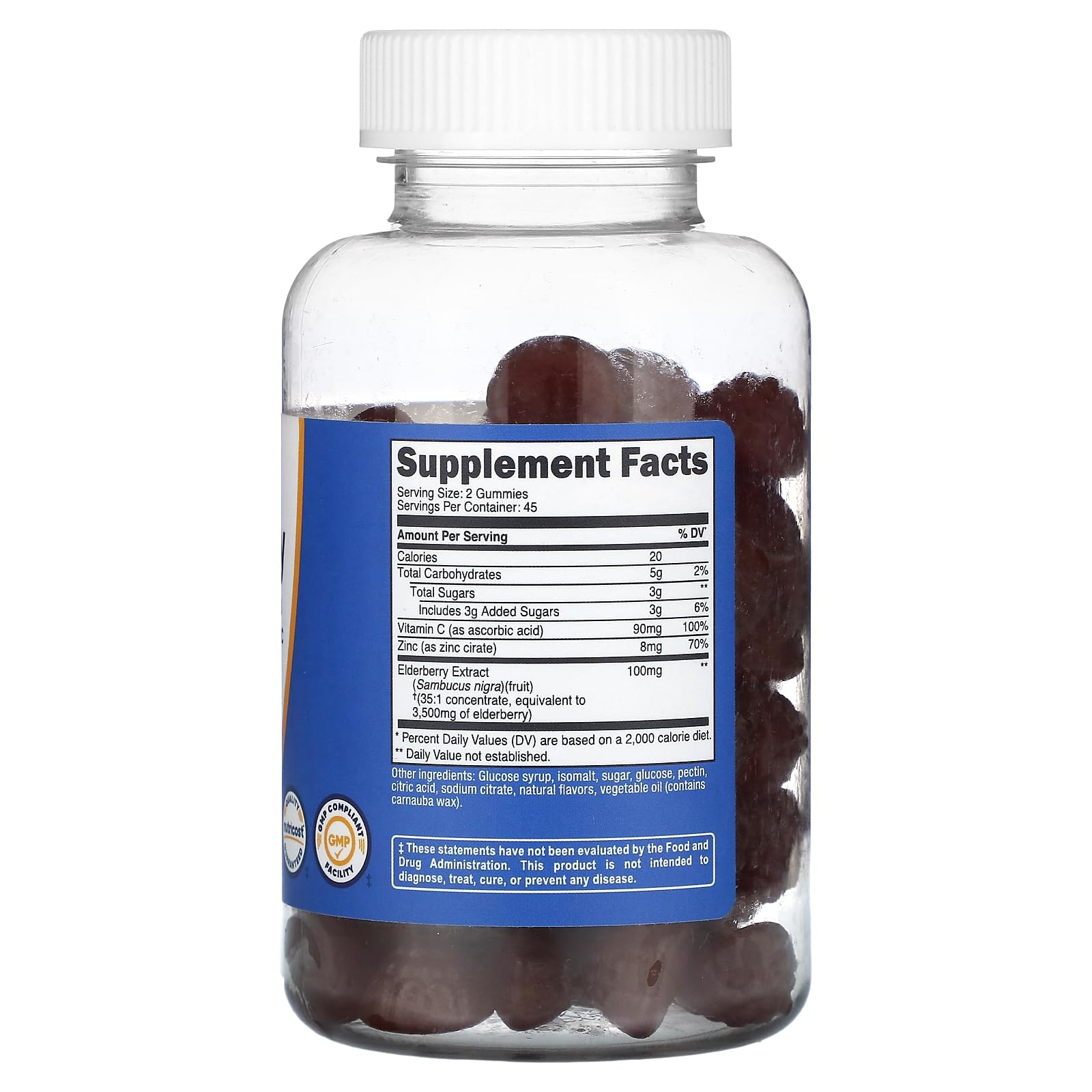 Nutricost Elderberry Gummies label closeup showing ingredients like vitamin C and zinc.