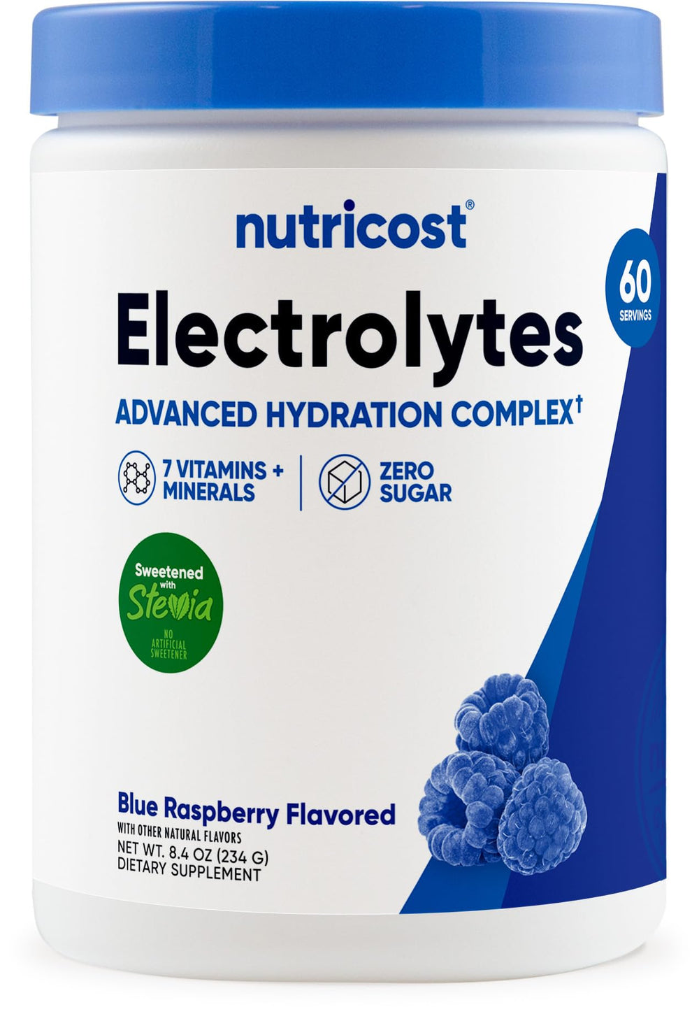 Nutricost Electrolyte Complex blue raspberry powder tub ready to mix for hydration.