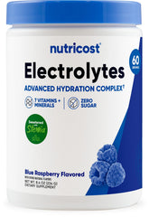 Nutricost Electrolyte Complex blue raspberry powder tub ready to mix for hydration.