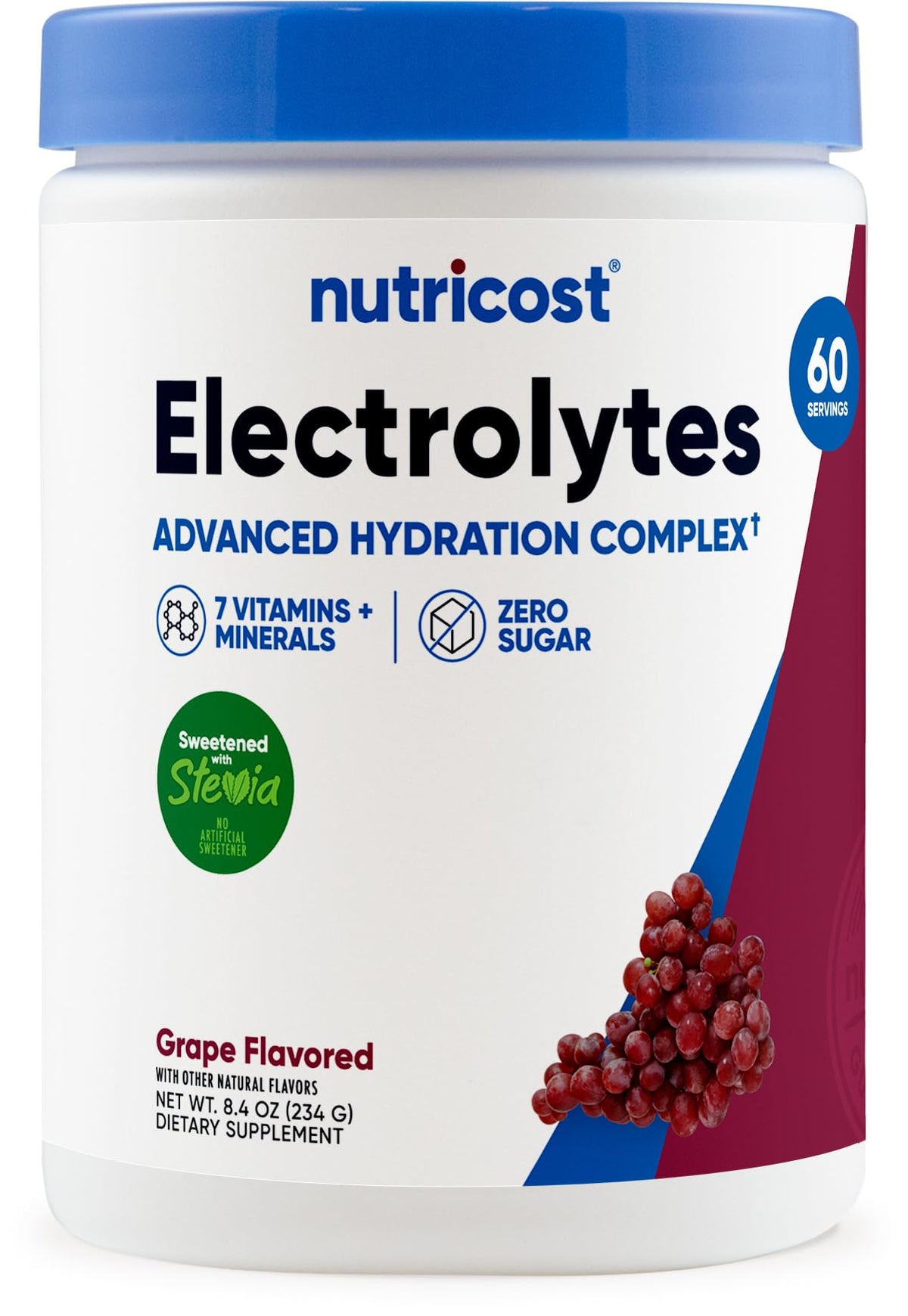 Nutricost Electrolyte Complex Powder grape bottle pour demonstrates quick hydration for workouts