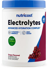 Nutricost Electrolyte Complex Powder grape bottle pour demonstrates quick hydration for workouts