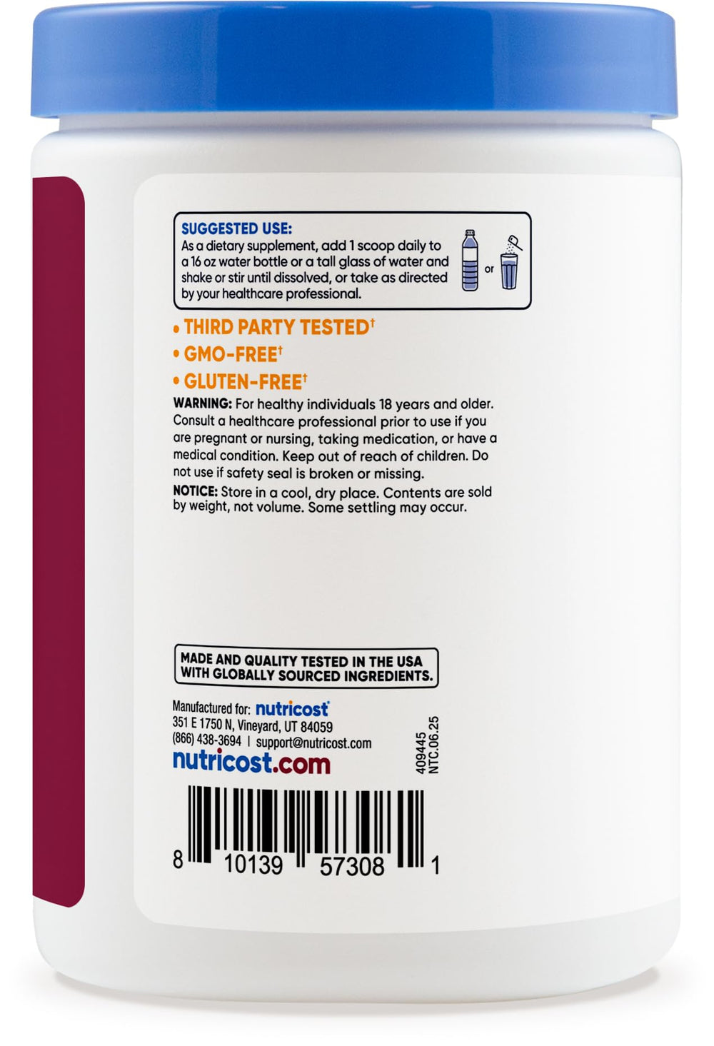 Nutricost Electrolyte Complex Powder grape tub label displays ingredients and safety details