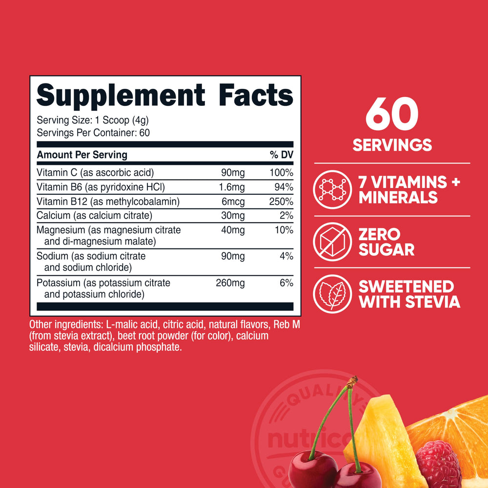 Nutricost powder mixed in glass shows vibrant fruit punch flavor and texture.