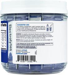 Glass of water with Nutricost Electrolytes Blue Raspberry ready to mix