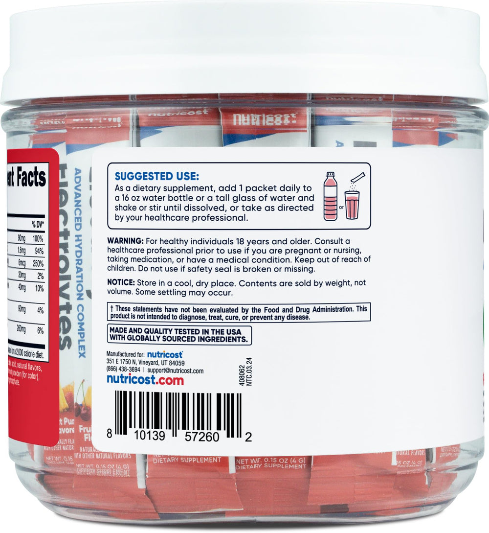 Nutricost Electrolytes Complex fruit punch on-the-go bottle ready for workout sessions.