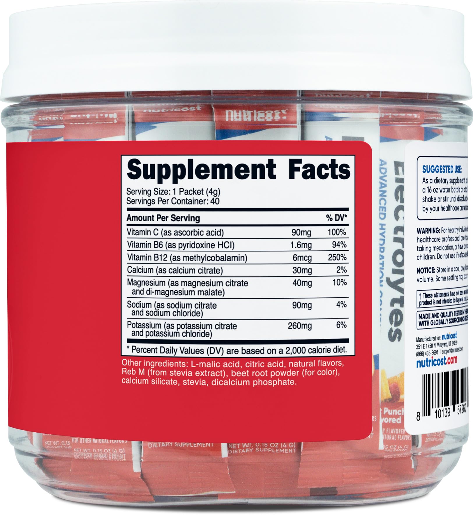 Nutricost Electrolytes Complex fruit punch packaging displaying 40-stickpacks for daily use.