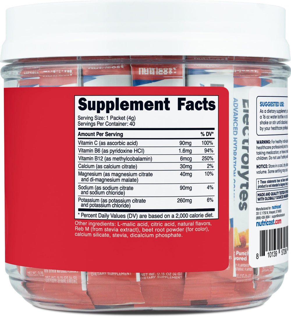 Nutricost Electrolytes Complex fruit punch packaging displaying 40-stickpacks for daily use.