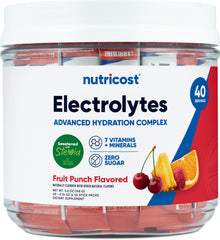 Nutricost Electrolytes Complex fruit punch stickpack for convenient on-the-go hydration.