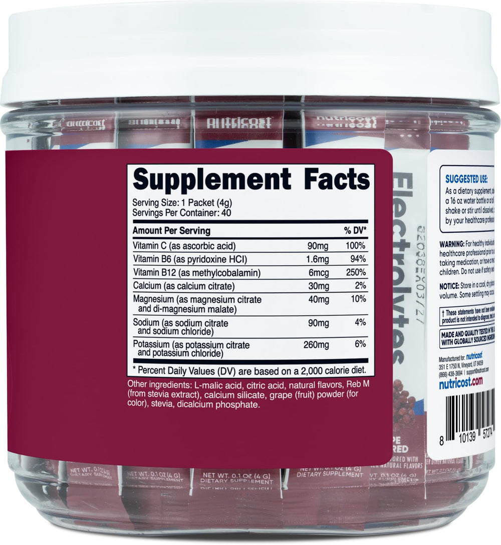 Nutricost Electrolytes Complex grape 40-stickbox packaging for travel hydration.
