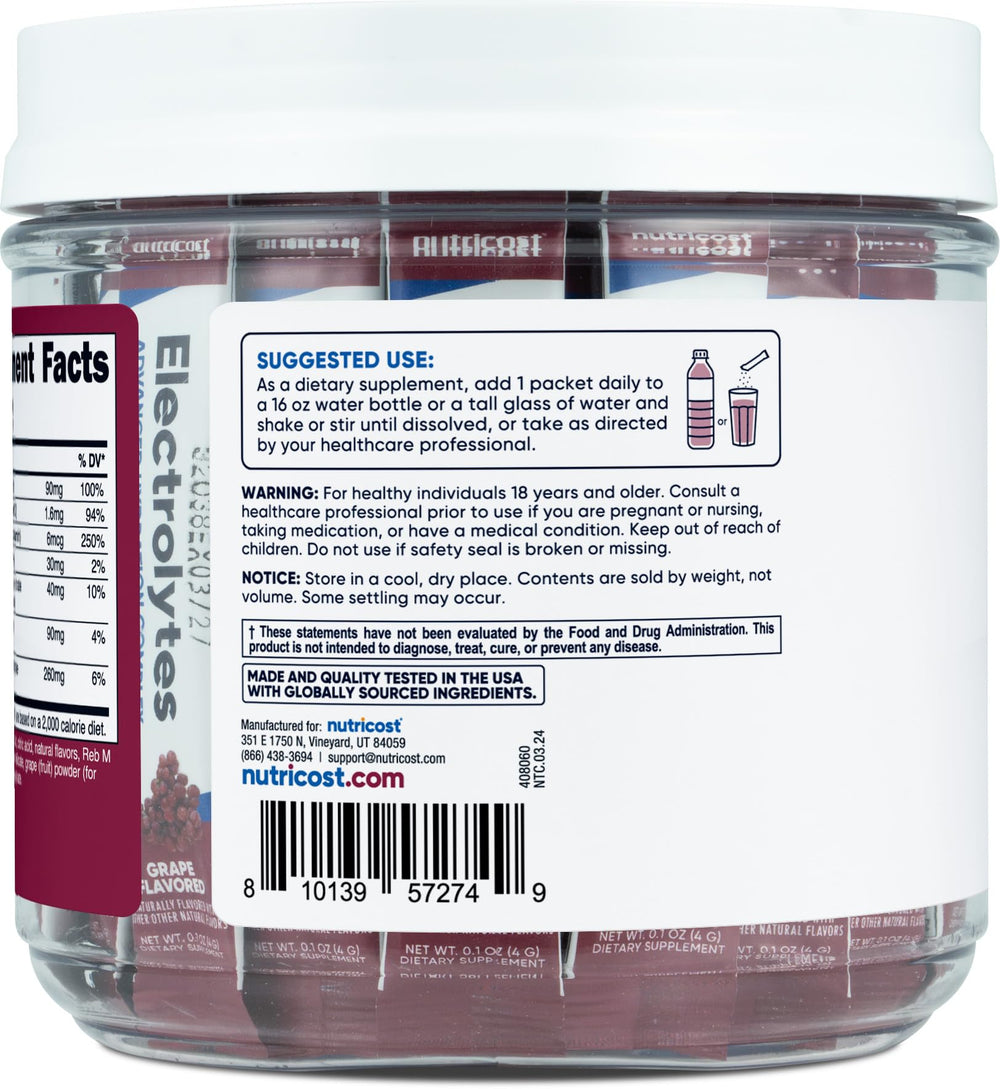 Nutricost Electrolytes Complex grape stick being poured into a glass.