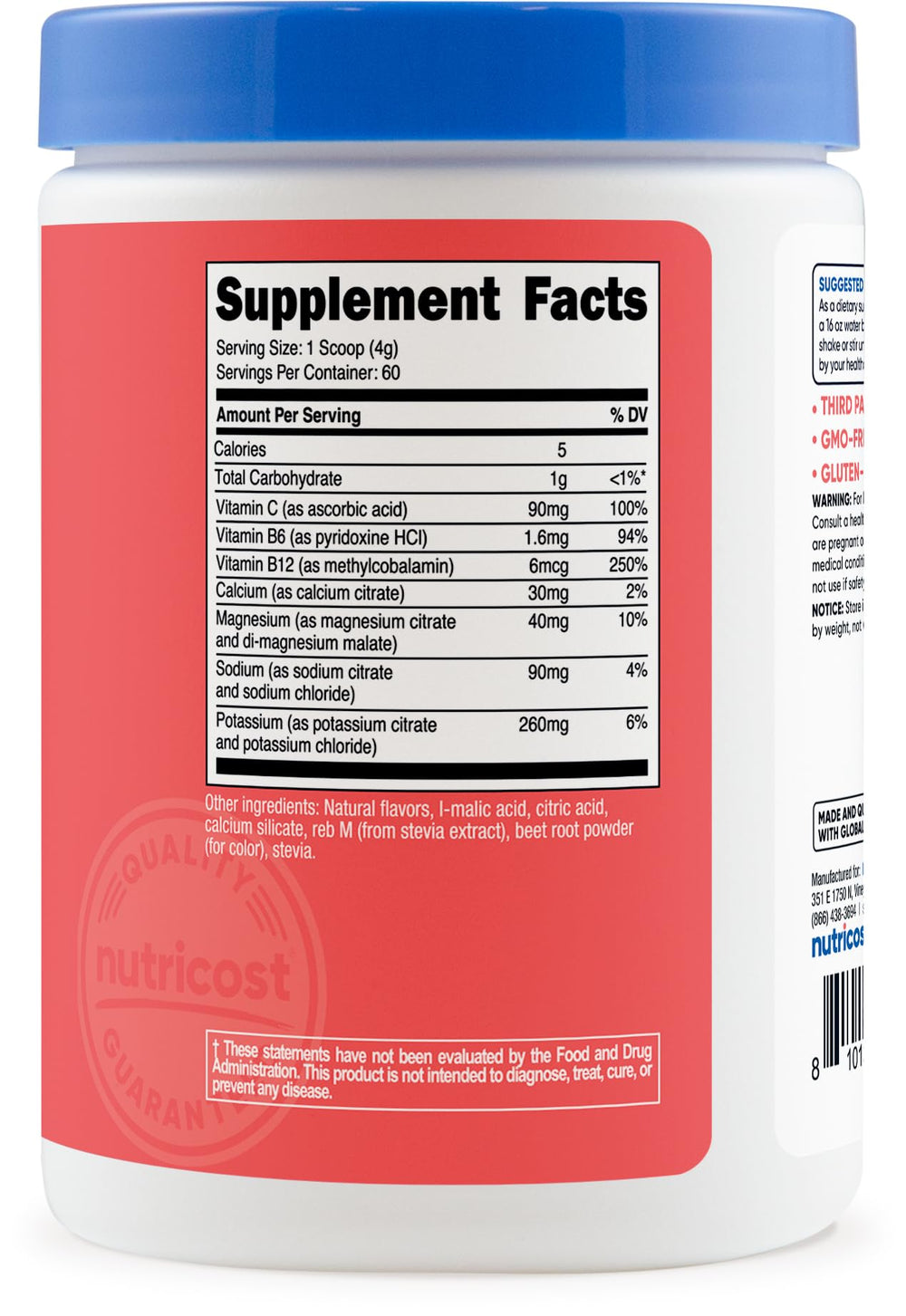 Nutricost Electrolytes Complex label closeup emphasizes zero sugar and gluten-free ingredients.
