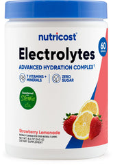 Nutricost Electrolytes Complex Strawberry Lemonade bottle pour supports on-the-go hydration.