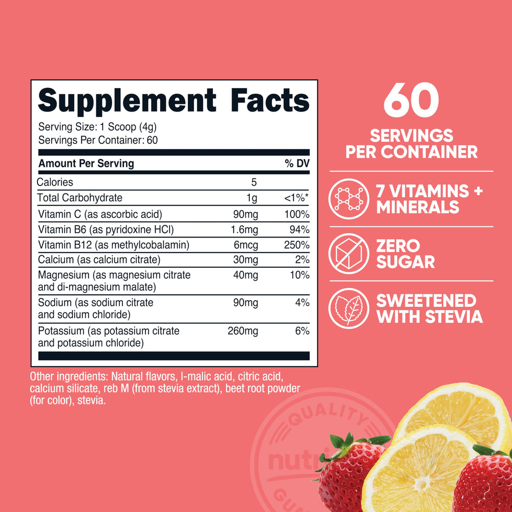 Nutricost Electrolytes Complex Strawberry Lemonade liquid ready for daily hydration.