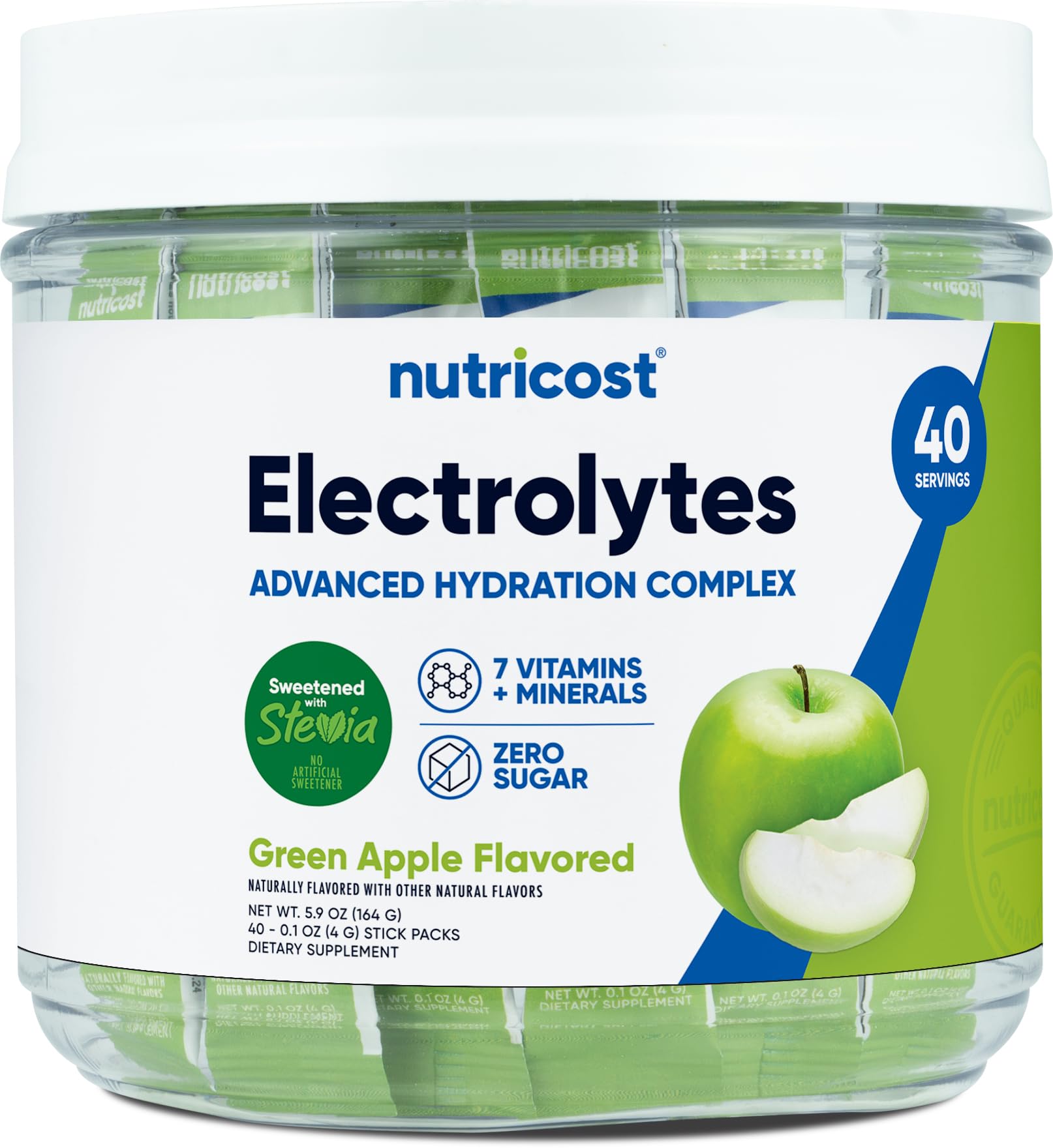 Nutricost Electrolytes Complex green apple stickpack close-up for quick hydration